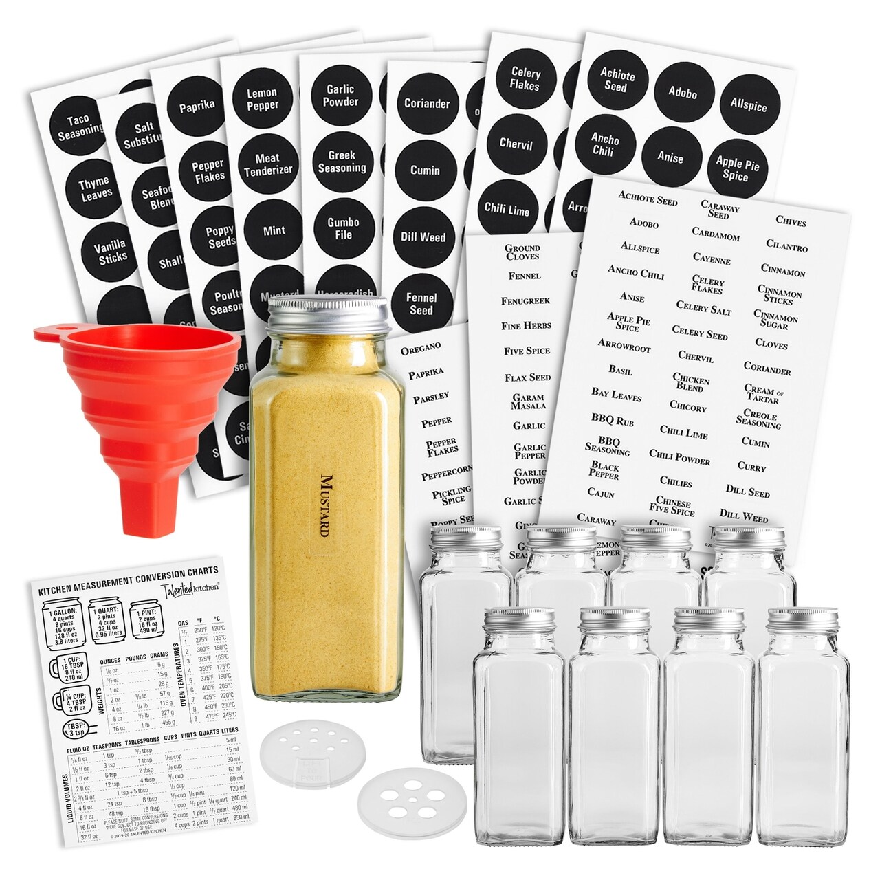 Talented Kitchen 8 Pack Large Glass Spice Bottles with 239 Preprinted Label  Stickers, 8 Ounce Empty Square Seasoning Jars with Shaker Lids & Silver  Airtight Caps